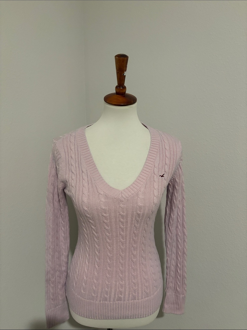 Hollister Pastel Pink Cable-Knit V-Neck Sweater